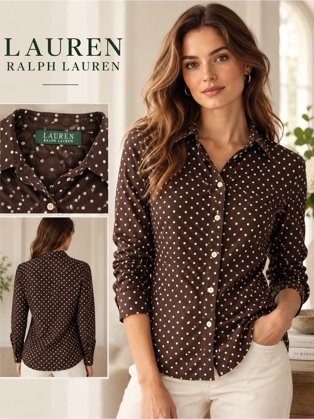 Lauren Ralph Lauren Polka Dot Button-Down Blouse Brown XS